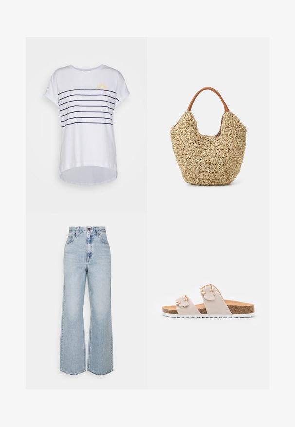 Hvid bomulds t-shirt med marineblå vandrette striber og et gult solgrafik på venstre skulder. Rund hals, korte ærmer og en buet nederkant.; Lysblå denim brede ben jeans med høj talje, klassisk fem-lomme design og kontrasterende syninger. Uslebne kanter i bunden.; Beige slidesandaler med to justerbare stropper og guldfarvede spænder. Korksål med en struktureret hvid gummisål.; Vævet stråtasker med en naturlig tekstur og en blød, organisk form, der har brune læderhåndtag for nem bæring.