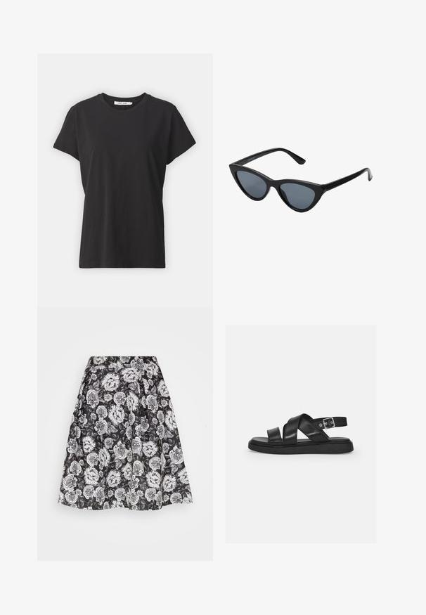 Must have mustrisest t-särk klassikalise ümmarguse kaelusega, lühikeste varrukatega ja lõdva lõikega. Sile tekstuur, nähtavate mustrite või aktsentideta.; Anna Field by Zalando Voltidega seelik - black/white; Mustad mustad nahast sandaalid ristuvate rihmadega, reguleeritava pahkluu pandlaga, lamedal tallal ja minimalistliku disainiga. Sile tekstuur matistatud viimistlusega.; Mustad musta kassi silmadega päikeseprillid tumedate hallide läätsedega, stiilne plastraam, teravad nurgad ja sirged kaared. Nähtavad metallist osad või aksessuaarid puuduvad.