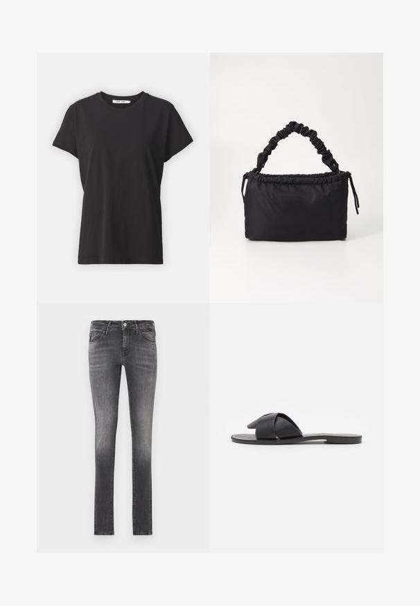 Sort bomulds t-shirt med klassisk rund hals, korte ærmer og afslappet pasform. Glat tekstur, ingen synlige mønstre eller detaljer.; Mørkegrå slim-fit jeans med en slidt finish, lavet af denim, der har fem lommer og en klassisk lynlås med metalknaplukning.; Sort slip-on sandaler med krydsede stropper. Fremstillet af glat læder med en flad sål og minimal syning. Enkel, åben tå design.; Sort taske lavet af blødt, glat stof. Har et sammensnoet håndtag og en snørrelukning, med en rektangulær form og ingen synlig hardware.