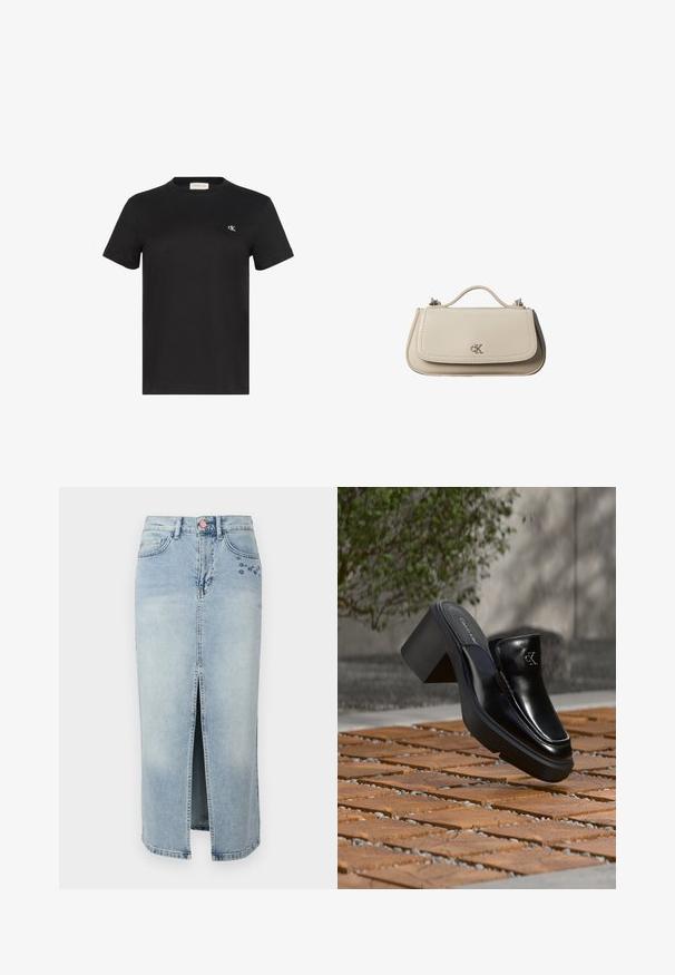 Camiseta negra de manga corta con cuello redondo, con un pequeño logo sutil en el pecho izquierdo y una etiqueta dentro del cuello.; Fabienne Chapot CARLYNE SKIRT - Falda vaquera - light blue tinted; Mule tipo slip-on de cuero negro de Calvin Klein con tacón de bloque descansando sobre baldosas de madera al aire libre cerca de una planta verde y una pared gris.; Pequeño bolso de mano de cuero beige con asa superior y logo plateado de CK en la solapa frontal, mostrado sobre un fondo blanco.