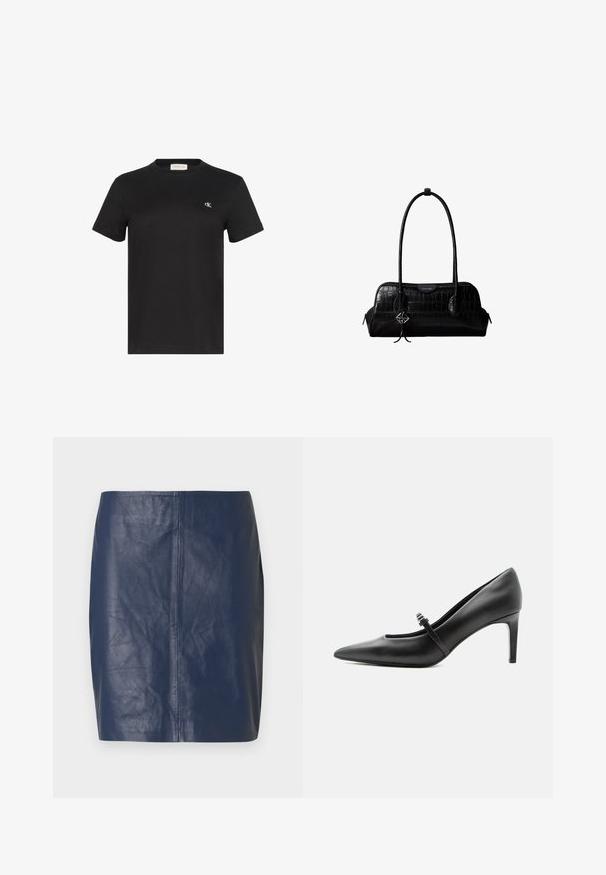 Zwart katoenen T-shirt met een ronde hals, korte mouwen en een klein wit logo op het linkerborstgedeelte. Soepele textuur, standaard pasvorm.; Minirok van navyblauw leer met een gladde textuur, rechte snit en minimale stikdetails aan de zijkanten.; Zwarte leren pumps met puntige neus, dunne riem en gesp over de wreef, staand op een neutrale lichte achtergrond.; Zwarte schoudertas van leer met krokodillenstructuur, lange banden en een klein zilveren logohanger aan één band.