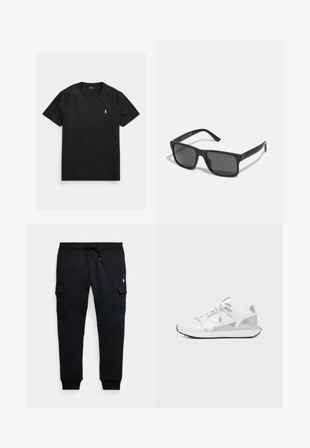 Čierne tričko s krátkym rukávom a okrúhlym výstrihom s malým žltým logom Polo Ralph Lauren na ľavej strane hrudníka.; Čierne cargo jogger nohavice s šnúrkou v páse, bočné vrecká s chlopňou, rebrované manžety a malé biele logo hráča póla na pravej stehne.; Bielo-strieborná nízka teniska s panelmi z mesh a kože, so šnurovaním, textúrovanou čiernou podrážkou a jemným logom značky na boku.; Čierne obdĺžnikové slnečné okuliare s tmavými sklami a matným povrchom. Obsahujú vyrazené logo "POLO" na ramenách a pevnú konštrukciu.