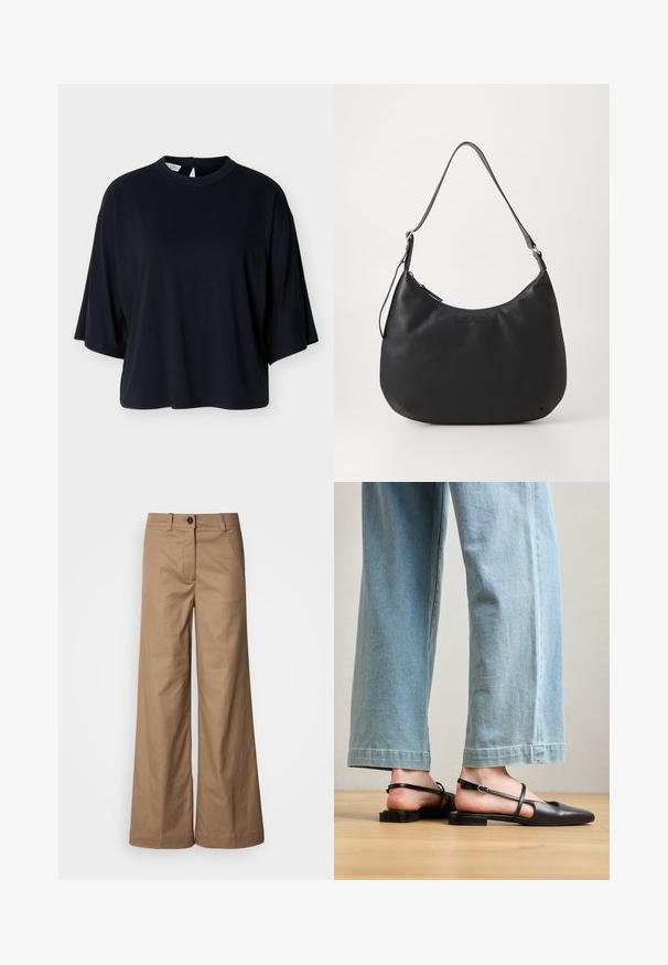 Camisa negra de manga corta oversize con cuello redondo y cierre de botones en la espalda, presentada sobre un fondo blanco.; Pantalones de pierna ancha hechos de tejido suave en tono marrón claro. Cuentan con un cierre frontal con botones, trabillas para el cinturón y bolsillos laterales. Líneas limpias sin patrones visibles.; Zapatos slingback de cuero negro con punta afilada, tacón plano y tira en el tobillo; llevados con jeans de pierna ancha en azul claro.; Bolso hobo negro fabricado con material suave y duradero. Cuenta con una sola correa ajustable y un logotipo sutilmente grabado en la parte frontal.