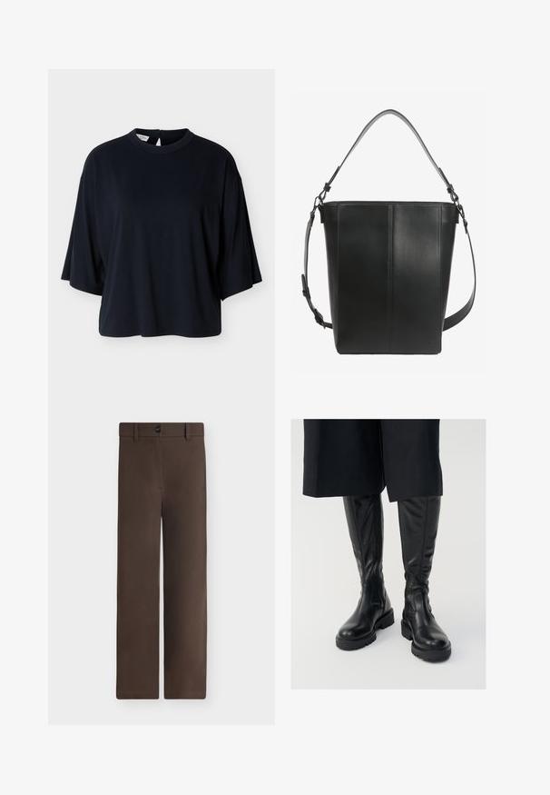 Zwarte oversized kortärmelige blouse met ronde halslijn en knoopsluiting aan de achterkant, afgebeeld op een witte achtergrond.; Bruine, rechtgesneden broek met een knoop en riemlussen, plat gelegd op een neutrale achtergrond.; Zwarte leren kniehoge laarzen met een soepele textuur, dikke zolen en zijritsen. Het ontwerp heeft subtiele naaddetails.; Zwarte leren bucketbag met twee verstelbare schouderbanden en minimale stiksel details op een effen achtergrond.