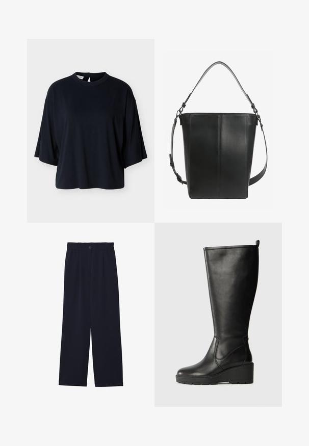 Schwarzes oversized Kurzarmhemd mit rundem Halsausschnitt und Knopfverschluss auf der Rückseite, dargestellt vor weißem Hintergrund.; Helles Marineblaue weit geschnittene Hose mit glatter Textur, elastischem Bund, einem vorderen Bügel und einem Knopfverschluss an der Taille.; Schwarze Lederstiefel bis zum Knie mit Keilsohle, glatter Textur, nahtlosem Design und einem kleinen Ziehband oben für einfaches Anziehen.; Schwarze Leder-Bucket-Bag mit zwei verstellbaren Schulterriemen und minimalen Nahtdetails auf schlichtem Hintergrund.