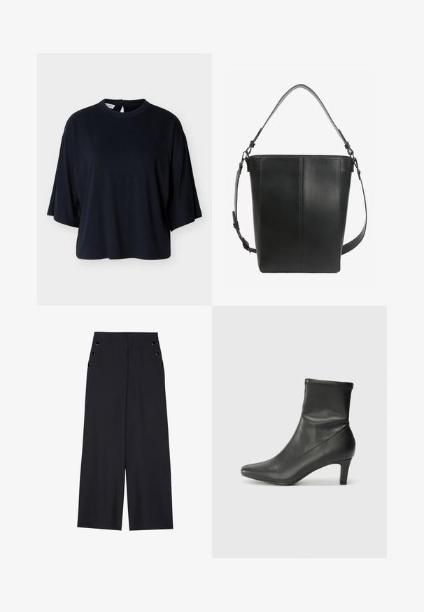 Chemise noire à manches courtes oversize avec col rond et fermeture par bouton dans le dos, présentée sur un fond blanc.; Pantalons ample en tissu bleu marine foncé, avec une texture lisse, des plis avant et des œillets décoratifs en ton doré sur les poches latérales.; Bottine noire en cuir avec un bout pointu et un talon de 6 cm. La tige a une texture lisse avec un design ajusté et des coutures discrètes.; Sac seau en cuir noir avec deux bretelles réglables et des détails de couture minimalistes sur un fond uni.