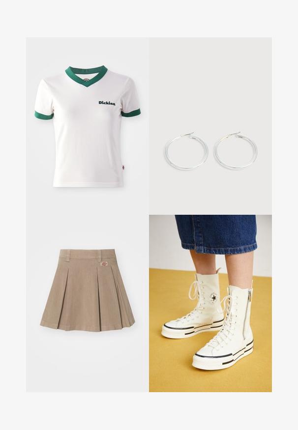 Biela tričko s krátkym rukávom, s zeleným výstrihom do V a zelenými pruhmi na rukávoch; na ľavej hrudi sa nachádza logo "Dickies" v tmavozelenej farbe. Hladká bavlnená textúra.; Béžová plisovaná sukňa vyrobená z texturovanej tkaniny. Má pás s pútkami na opasok a logo nášivku na prednej ľavej strane.; Biele vysoké tenisky s zipsovým uzáverom, šnurovací dizajn a čierne prúžky na hrubej podrážke. Textúrovaný plátený materiál.; Pár lesklých strieborných kruhových náušníc s tenkými drôtenými zapínaniami, zobrazených na svetlo šedom pozadí.