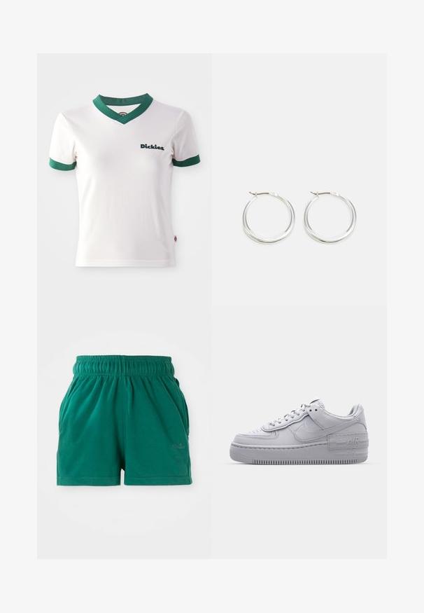 Hvid kortærmet t-shirt med grøn V-hals og ærmekanter; har "Dickies" logo i mørkegrøn på venstre bryst. Glat bomuldsstruktur.; Grønne elastiske casual shorts med sidelommer og en diskret logo på højre ben.; Grå Nike Air Force 1 sneakers med perforeret tå, glat læderoverdel, tyk sål og præget 'AIR' detalje på hælen.; Sølv hoops øreringe har et glat, afrundet design med en slank profil og sikker spænde. Minimalistisk stil med en poleret finish.