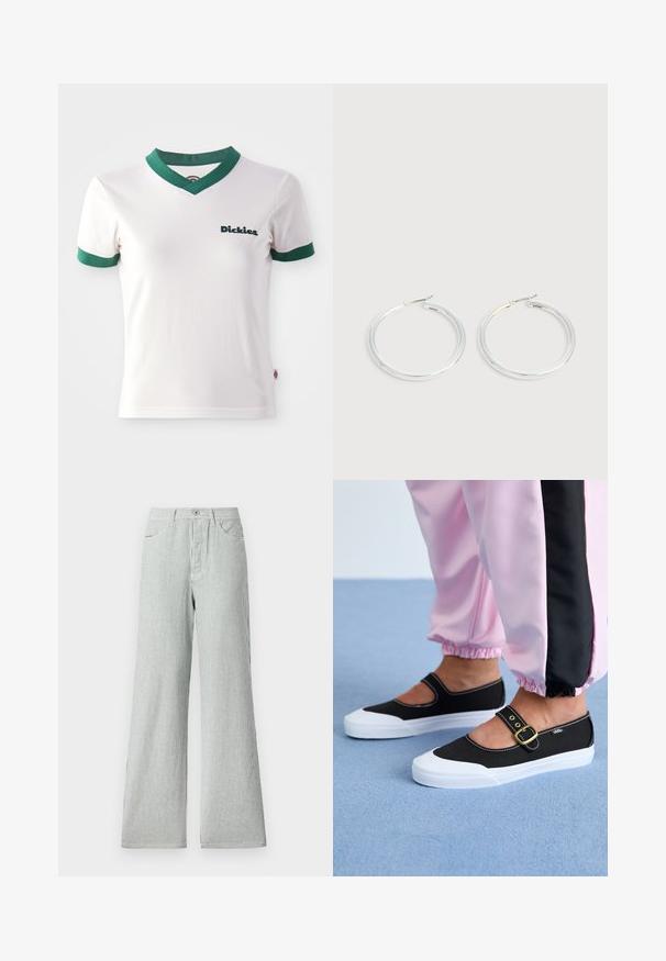 Hvid kortærmet t-shirt med grøn V-hals og ærmekanter; har "Dickies" logo i mørkegrøn på venstre bryst. Glat bomuldsstruktur.; Stribede bukser med vidde lavet af letvægtsstof, prydet med lodrette blå og hvide striber, højt liv og frontlommer.; Sorte lærredssko med en hvid sål, der har et udskæringsdesign og et guldspænde. Bæret med lyserøde træningsbukser.; Par skinnende sølvøreringe med tynde trådlåse, vist på en lys grå baggrund.