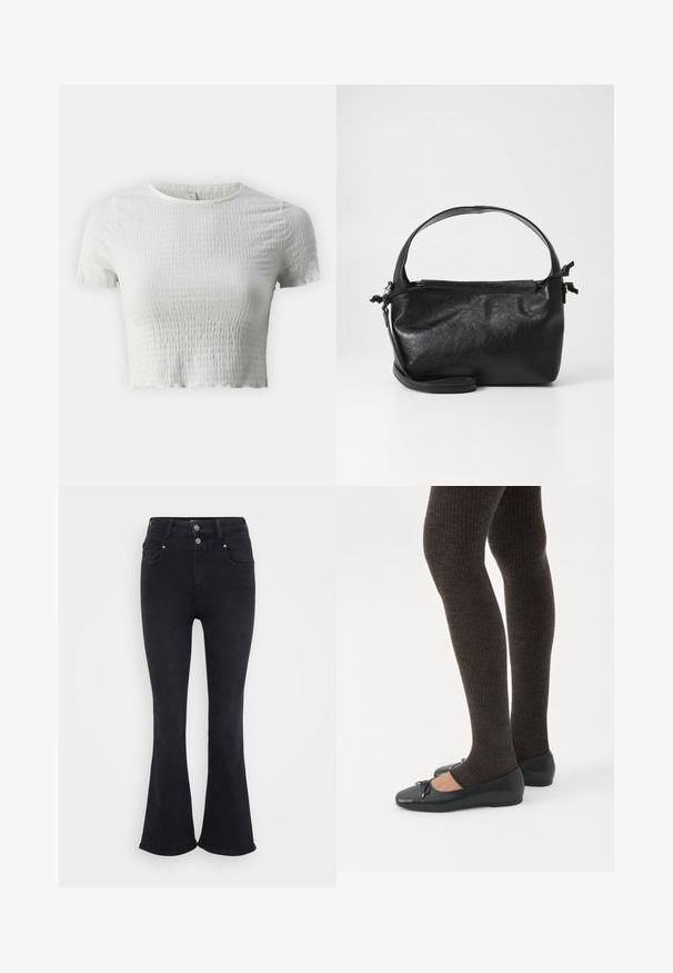 ONLY Petite ONLNADIE - T-shirt basic - cloud dancer; Zwarte flared jeans met een hoge taille, gemaakt van denimstof. Voorzien van twee achterzakken en een dubbele knoopsluiting aan de taille.; Benen met donkere geribbelde leggings gecombineerd met zwarte ballerina's met kleine strikdetails op een witte achtergrond.; Zwarte leren handtas met een gestructureerd ontwerp, een ronde bovenhandgreep en een afneembare schouderriem. Beschikt over een gladde textuur en een subtiele glans.