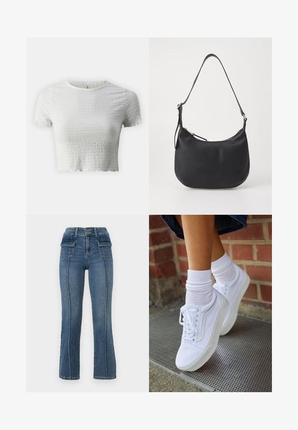 ONLY Petite ONLNADIE - T-shirts basic - cloud dancer; ONLY Petite ONLWAUW MID WAIST FLARED - Flared jeans - medium blue denim; Hvide lærreds sneakers med gummisåler, der har seks snørehuller, rund tå og let sømdetaljer, krydret med hvide ankelstrømper.; Sort læder skuldertaske med en buet form, lynlåslukning og justerbar skulderrem. Har prægede brandlogoer på forsiden.