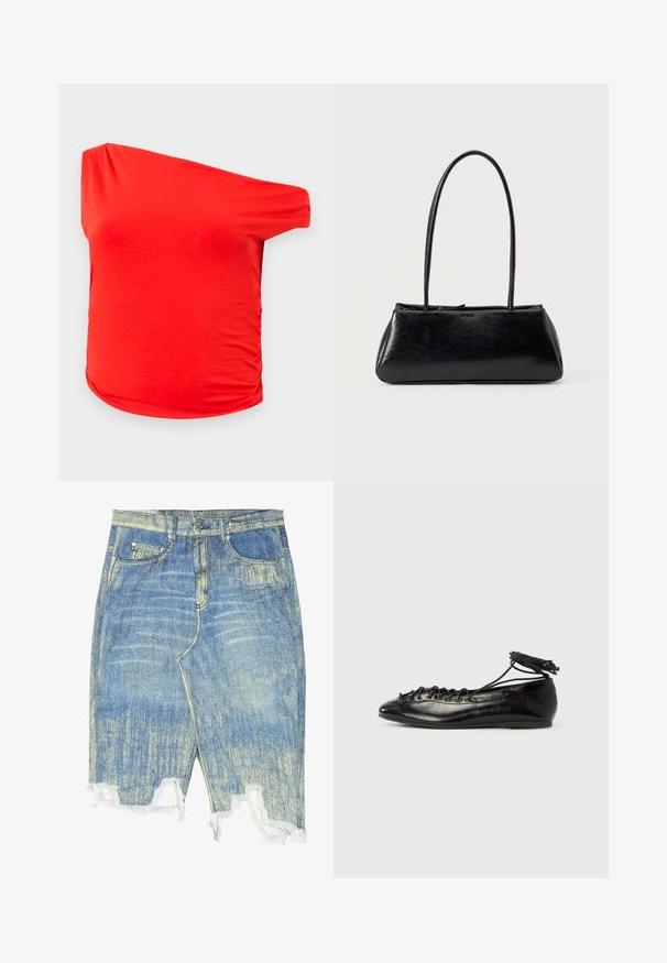 Rød off-the-shoulder top i let stof, med rynkede detaljer på siden og en glat tekstur, der tilbyder en afslappet pasform.; Lys blå denimnederdel med slidt tekstur, høj talje, frynset kant og fem-lomme design. Udstyret med metalbeslag og bæltestropper.; Sorte balletflade sko i laklæder med rundet tå, snørelukning og flad sål. Glat tekstur med få detaljer.; Sort rektangulær skuldertaske med lange tynde stropper og en glat, blank tekstur på en ensfarvet baggrund.
