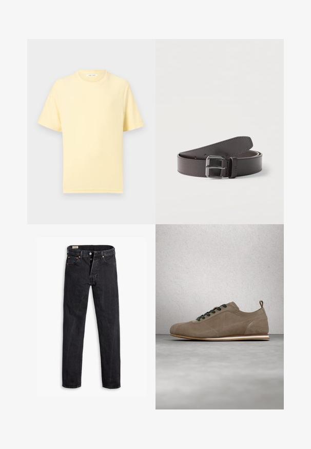 Blød gul T-shirt med korte ærmer og rund hals med en afslappet pasform på en ensartet lys baggrund.; Sorte jeans med høj talje og lige ben, med knapgylp og fem-lomme design lagt fladt på hvid baggrund.; Lysebrun ruskindsneaker med sorte snørebånd, rundet tå, trækflap ved hælen og flad gummi-sål med hvide og brune striber.; Mørkebrun læderbælte rullet sammen med en firkantet metalspænde og synlige syninger langs kanterne.