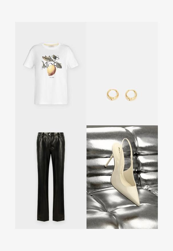 Camiseta blanca de manga corta con un limón amarillo y hojas verdes impresos, superpuesta con texto negro que dice "MOS MOSH" y "EST. 2010."; Pantalones rectos de imitación de cuero negro con cierre de botón y cremallera, trabillas para cinturón y bolsillos laterales, exhibidos sobre un fondo blanco.; Zapato de tacón alto con tira en el talón de charol crema, punta puntiaguda y tacón delgado, descansando sobre una superficie texturizada plateada y brillante.; Pendientes de aro de oro con un acabado suave, forma circular y un pequeño hueco en el cierre para una fácil colocación. Diseño simple y minimalista.