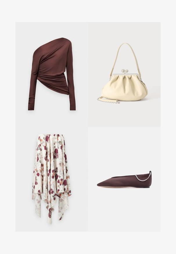 Asymmetrisk mørkebrun langærmet top med et-skulder-design og rynket stofdetalje på ensfarvet baggrund.; Hvid nederdel med sjaldræk, dekoreret med maroon, grå og orange akvarel-blomsterprint, der har en elastisk talje.; Mørkebrun flad sko med spids tå, lav hæl og en sølvfarvet rhinstenkæde detalje bagpå.; Cremefarvet blødt læder håndtaske med indsamlet design, sølvramme-lukkemekanisme, kort hank og aftagelig kæderem.