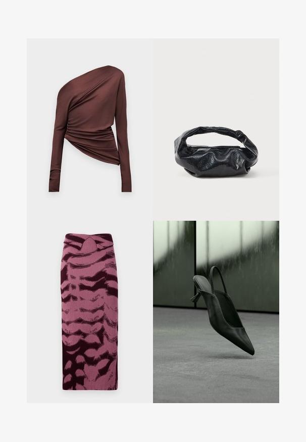 Asymmetrisk mørkebrun langærmet top med et-skulder-design og rynket stofdetalje på ensfarvet baggrund.; Strikket blyantskirt i nuancer af pink og burgunder, med ribbet tekstur og abstrakt mønster. Høj talje med en subtil vridning.; Sort læder slingback højhælet sko med spids tå svævende over gråt tæppe, sløret grønlig væg i baggrunden.; Sort taske lavet af blankt, tekstureret materiale med et cirkulært, snoet håndtag og lynlås. Har et blødt, rynket design.