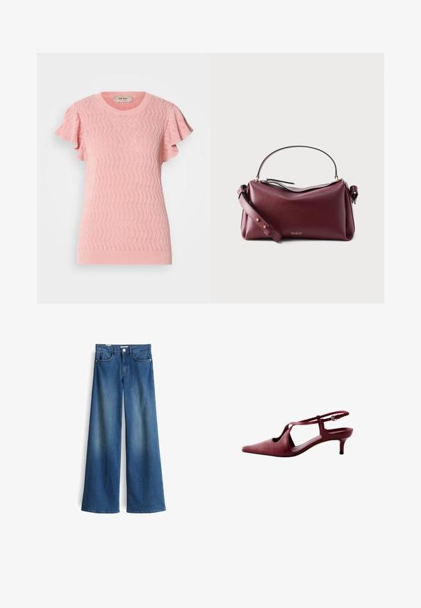 Roze gebreide trui met korte mouwen, voorzien van een textuurpatroon in golven, een geribbelde ronde hals en gerimpelde mouwaccenten. Lichtgewicht en aansluitend.; Wijde denimjeans in medium blauw met een gladde textuur. Bevat twee voorzakken en een klassieke knoopsluiting bij de taille.; Bordeaux leren kitten heel slingback met puntige neus en smalle bandjes, voorzien van een kleine zilveren gesp op het enkelbandje.; Donkerrode leren handtas met handvat bovenaan, verstelbare schouderriem, goudkleurige details en een klein "NEOUS" logo aan de voorkant.