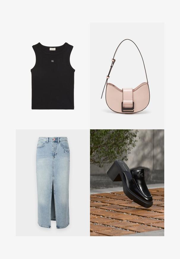 Schwarzes ärmelloses, geripptes Tanktop mit rundem Ausschnitt und kleinem Calvin Klein-Logo-Patch mittig auf der Brust.; Fabienne Chapot CARLYNE SKIRT - Jeansrock - light blue tinted; Schwarze Leder-Slip-on-Mule von Calvin Klein mit Blockabsatz, die auf Holzfliesen im Freien nahe einer grünen Pflanze und einer grauen Wand ruht.; Kleine, geschwungene Handtasche aus pinkem Leder mit glänzender Oberfläche, ausgestattet mit einem schwarzen Akzentgurt und einem großen schwarzen Verschluss. Crossbody-Design.