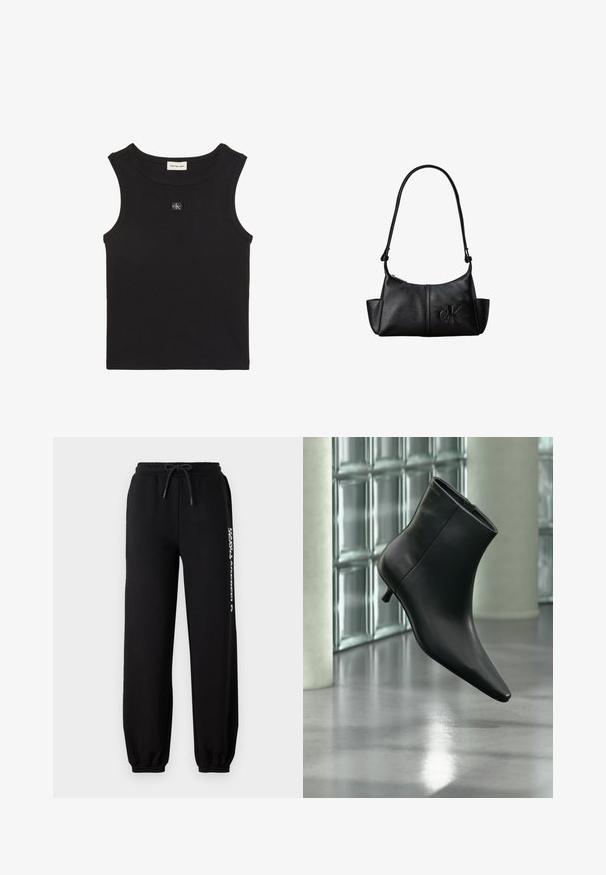Sort ærmeløs ribstrikket tanktop med rund halsudskæring og lille Calvin Klein-logo patch centreret på brystet.; Sorte sweatpants med elastisk talje, justerbar snor og tætsiddende manchetter. Har et hvidt logo trykt på venstre side.; Sort læderankelstøvle med spids tå og lav kitten-hæ, vist vinklet mod en poleret gulv- og glasblokvæg.; Sort læder skuldertaske med lang rem, sidelommer og præget Calvin Klein-logo på fronten.
