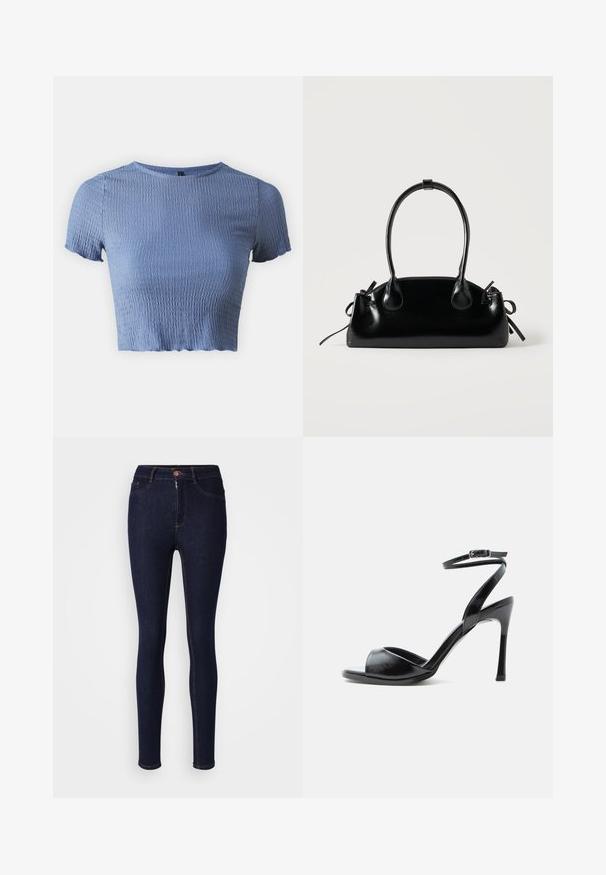 ONLY Petite ONLNADIE - Lihtne T-särk - coronet blue; Tumedad sinised skinny teksad, mis on valmistatud denimist, varustatud tõmblukuga ja nööbiga sulgemisega, kontrastõmblustega õmbluste juures.; Must kõrge kontsaga sandaal avatud varbaga, peene kontsaga ja reguleeritava pandlaga pahkluu rihmaga valgel taustal.; Väike must läikiv käekott kahe pika sangaga ja külgedel paelakinnitustega, ühel lihtsal helel taustal.