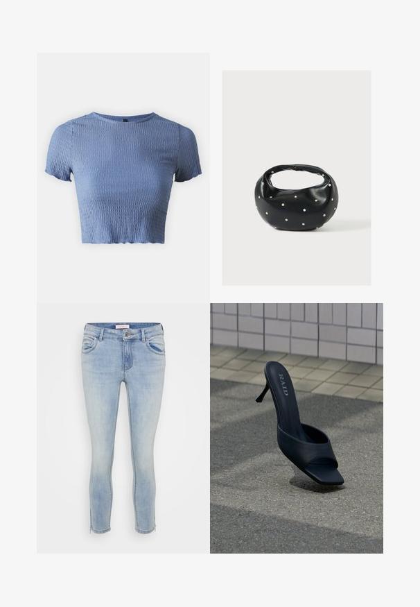 ONLY Petite ONLNADIE - Βασικό μπλουζάκι - coronet blue; ONLY Petite ONLKENDELL - Jeans Skinny Fit - light medium blue denim; Μαύρο mule παπούτσι με ψηλό τακούνι, ανοιχτή μύτη και λογότυπο "RAID" στην εσωτερική σόλα, τοποθετημένο σε γκρι πλακόστρωτο κοντά σε πλακιδωτό τοίχο.; Μαύρη δερμάτινη τσάντα χειρός με στρογγυλεμένο σχήμα, διακοσμημένη με ασημένιες λεπτομέρειες με καρφιά και κοντή λαβή. Λείο υλικό και κλείσιμο με φερμουάρ.