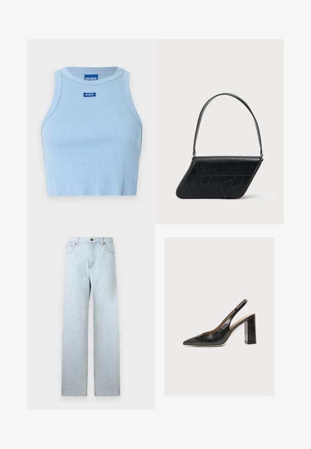 Lyseblå ribstrikket cropped top med tætsiddende pasform. Har rund hals og HUGO-logo i blå på midten foran.; Lyseblå vid jeans med høj talje, forlommer og knaplukning. Glat denimtekstur, minimal falmning, lige ben-design.; Sort dameslingback pumpe i læder med spids tå og tyk høj blokhæl på hvid baggrund.; Sort skuldertaske i læder med trekantet form, præget logo og en enkelt justerbar rem. Minimalistisk design med glat tekstur.