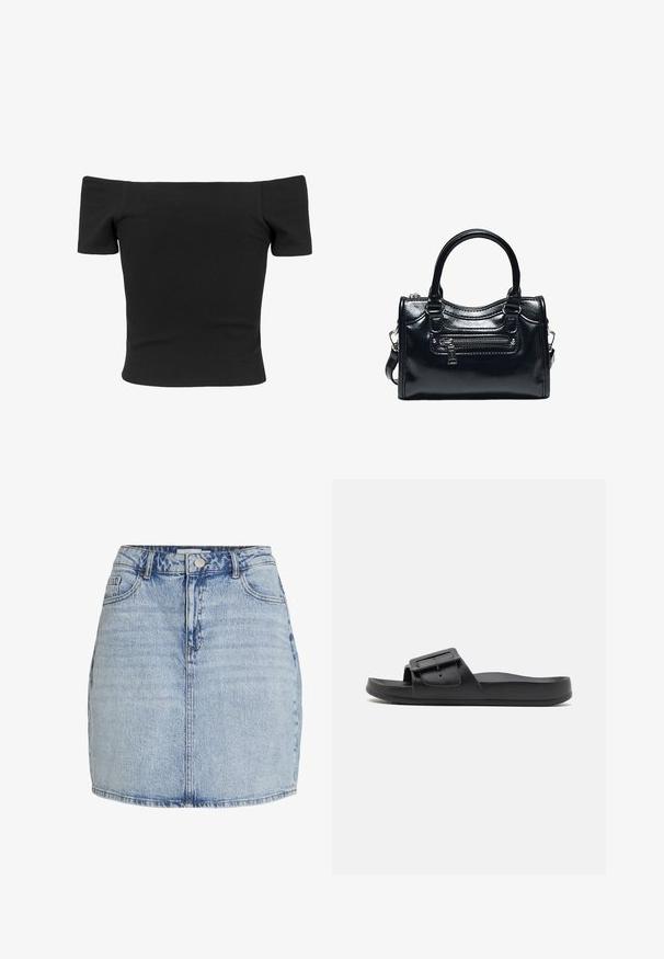 Schwarzes, gerippte, schulterfreies Top mit kurzen Ärmeln, figurbetonter Form, glatter Textur und einem klaren, schlichten Design.; Hellblaue Jeans-Minirock mit vorderem Knopf- und Reißverschluss, Gürtelschlaufen und vorderen Taschen.; Schwarze Riemensandale mit einem breiten Riemen, verstellbarem Schnallenverschluss, flacher Sohle und glatter, matter Textur. Einfaches Design ohne zusätzliche Muster.; Schwarze glänzende Lederhandtasche mit zwei Griffen, vorderer Reißverschlusstasche und abnehmbarem Schulterriemen auf weißem Hintergrund.