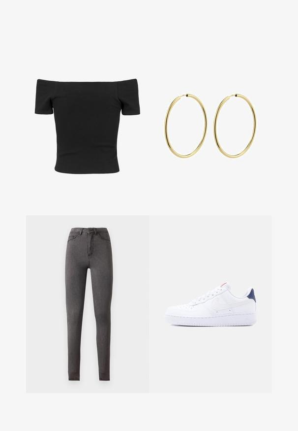 Musta ribbed-off-shoulder-paita, jossa on lyhyet hihat, tiukka malli, sileä rakenne ja selkeä, yksinkertainen muotoilu.; Korkeavyötäröiset, slim fit -malliset tummanharmaat denimpöksyt etu- ja takataskuilla, napillinen suljenta ja näkyvät ompelusaumat.; Valkoinen matala tennari, jossa rei'itykset varpaassa, valkoiset nauhat, valkoinen swoosh-logo ja tummansininen kantapään nyöri.; Kulta renkaat korvakorut, joilla on sileä, kiillotettu pinta ja ohuet, pyöreät muotoilut. Rakenne on kevyt ja saumaton.