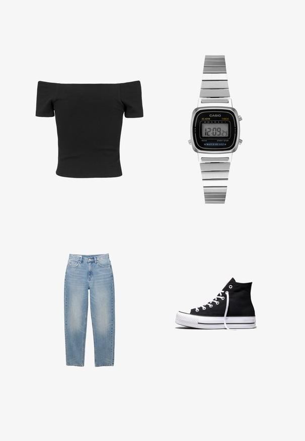 Haut noir à bretelles dénudées, à manches courtes, à coupe ajustée, texture lisse et design épuré et simple.; Jean en denim bleu clair à jambes droites avec bouton frontal, fermeture éclair et cinq poches, présenté sur un fond blanc.; Baskets montantes en toile noire avec semelle en caoutchouc blanche et lacets blancs, vues de côté sur un fond blanc.; Montre numérique argentée avec un cadran noir carré, boutons sur le côté et un bracelet en métal brossé. Les fonctionnalités incluent une alarme et des fonctions de minuterie.