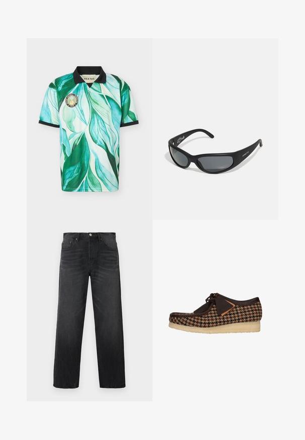 Fußballtrikot mit kurzen Ärmeln, grün-blauem Blattmuster, schwarzem Kragen und Ärmelabschluss sowie einem runden Team-Patch auf der Brust.; Schwarze Jeans aus Denim mit geradem Bein, ausgestattet mit fünf Taschen, einem vorderen Knopfverschluss und dezentem Verblassen für Struktur.; Brauner textile Schuh mit Hahnentrittmuster, Lederdetails und Schnürdesign. Dicke, strukturierten Sohle sorgt für Unterstützung und Stabilität.; Schwarze Sonnenbrille mit einem geschwungenen Rahmen und dunklen Gläsern. Sie verfügt über eine matte Oberfläche und den Markennamen "ARNETTE" an der Seite.