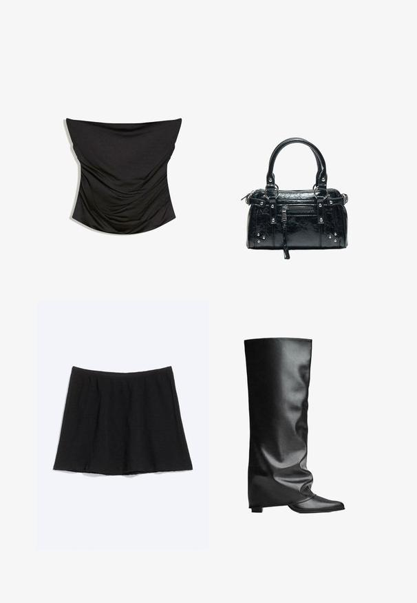 Zwart strapless gerimpeld satijnen corsettop met rechte halslijn en aansluitende pasvorm op witte achtergrond.; Zwarte A-lijn minirok met zachte stof en licht geplooide details bij de taille, weergegeven op een effen witte achtergrond.; Zwarte leren kniehoge laarzen met een gladde textuur en een slouchy ontwerp. Voorzien van een spits toelopende neus en een platte hiel voor stabiliteit.; Zwarte leren handtas met twee handvatten, voorvak met rits, zilveren studs en een gestructureerd oppervlak, geïsoleerd op een witte achtergrond.