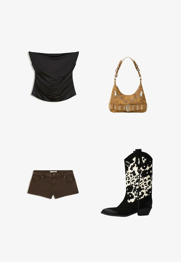 Zwart strapless gerimpeld satijnen corsettop met rechte halslijn en aansluitende pasvorm op witte achtergrond.; Donkerbruine denimshorts met zilveren studs op de tailleband, knoopsluiting aan de voorzijde, riemlussen en steekzakken, getoond tegen een witte achtergrond.; Zwarte suède cowboylaars met een wit-zwart koeienprint schacht, spitse neus en een lage blokhak. Heeft stikdetails en trekriempjes.; Bruine schoudertas van kunstleer met twee diagonale zilveren ritsen en een brede riem met zilveren oogjes en gesp aan de onderkant.