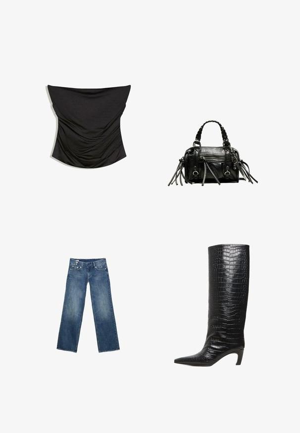Schwarzes trägerloses, gerafftes Satin-Corsett-Top mit geradem Ausschnitt und figurbetonter Silhouette vor weißem Hintergrund.; Blaue Jeans aus Denim mit weiten, geraden Beinen, vorderen Taschen, Gürtelschlaufen und doppeltem Knopfverschluss am Bund.; Schwarzer kniehoher Stiefel mit spitzer Zehe, mittelhohem, geschwungenem Absatz und strukturierter Oberfläche aus Leder mit Krokodilprägung.; Schwarze Lederhandtasche mit geflochtenen Tragegriffen, texturiertem Oberflächen, einem Reißverschluss-Frontfach und dekorativen Fransenakzenten. Kompakte und strukturierte Form.