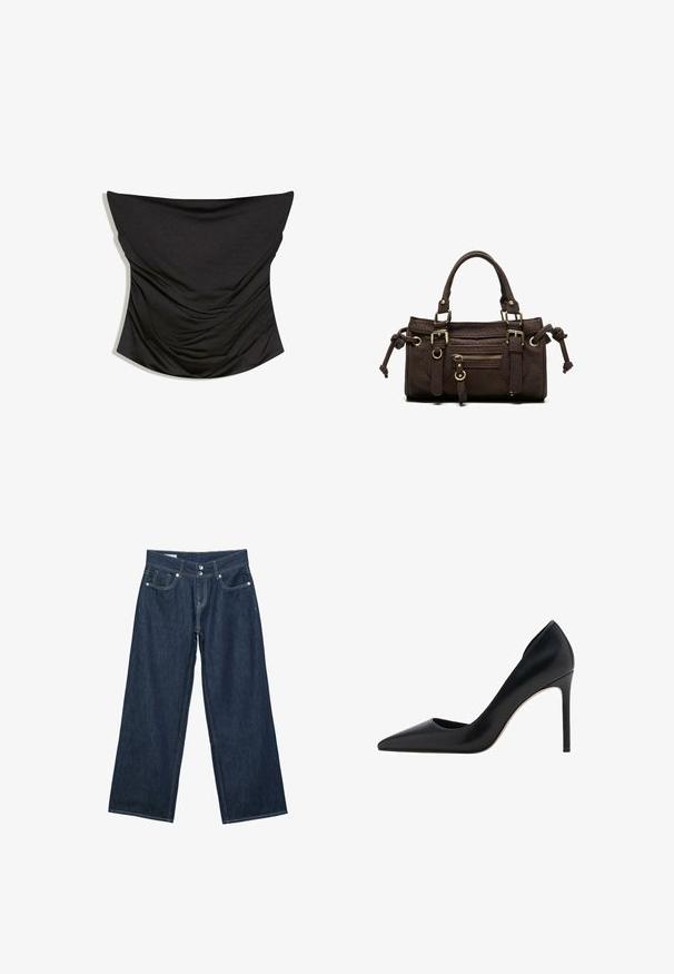 Sort stropløs rynket satin korset top med en lige udskæring og tætsiddende silhuet på hvid baggrund.; Mørkeblå vidde jeans i denim med dobbelt knaplukning, forlommer og kontrastsyning på hvid baggrund.; Mango Højhælede pumps - black; Mørkebrun læderhåndtaske med dobbelte håndtag, forreste lynlåslomme, dekorative spænder og sideknuder på hvid baggrund.