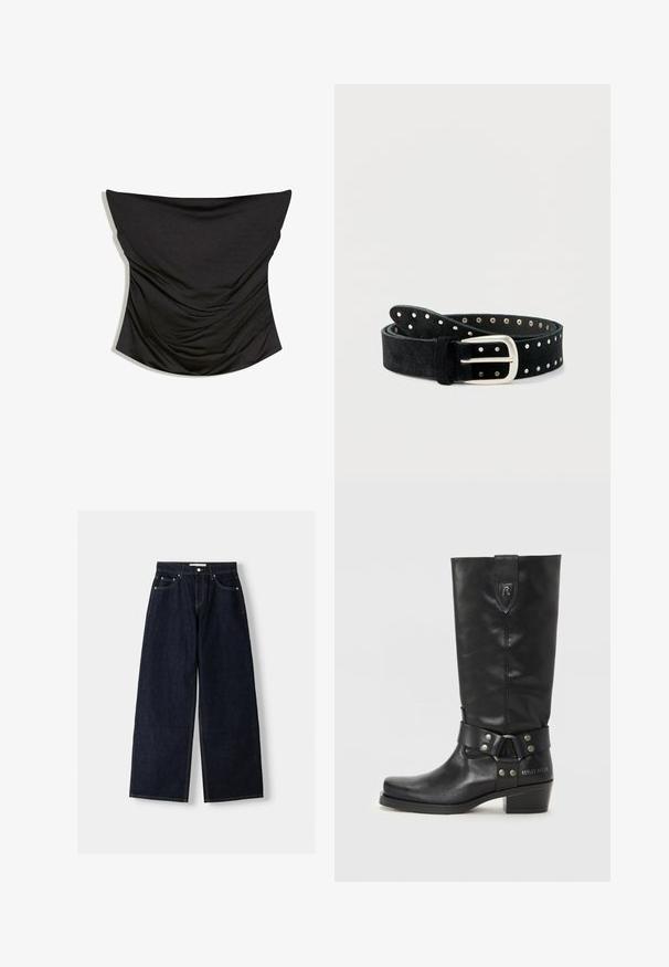 Zwart strapless gerimpeld satijnen corsettop met rechte halslijn en aansluitende pasvorm op witte achtergrond.; Donkerblauwe denim wijduitlopende jeans met een hoge taille, vijf zakken, contrasterende stiksels en zilveren metalen hardware. Gladde textuur en een nette afwerking.; Zwarte leren kniehoog boots met een afgeronde teen, een band met zilveren hardware en een lage gestapelde hak. "REPLAY MFG. CO" gegraveerd aan de zijkant.; Zwarte suède riem met zilveren gesp en gelijkmatig verdeelde zilveren studs langs de lengte, losgerold op een witte achtergrond.