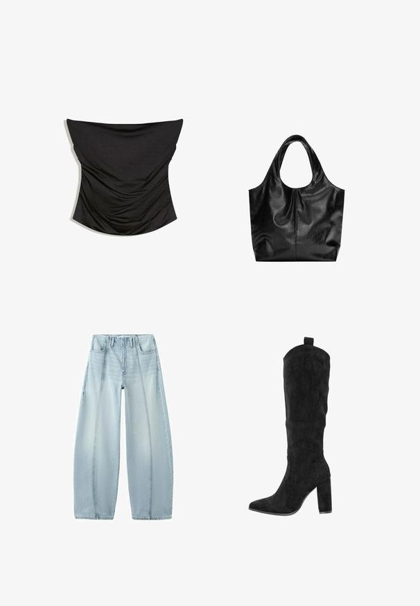 Sort stropløs rynket satin korset top med en lige udskæring og tætsiddende silhuet på hvid baggrund.; Lyseblå jeans med vide ben, forsynet med lodrette syninger foran, fem-lommer stil og bæltestropper, vist fladt på hvid baggrund.; Knæhøje sorte støvler i ruskind med spids tå, tyk blokhæl og syninger på siderne. Træksnor øverst for nem påtagning.; Sort læder tote taske med en glat overflade, en blød, afrundet top og brede håndtag. Har minimal syning og en afslappet silhuet.