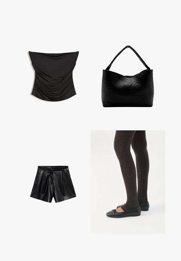Sort stropløs rynket satin korset top med en lige udskæring og tætsiddende silhuet på hvid baggrund.; Højtaljede shorts i sort kunstlæder med sidelommer, frontfolder, bæltestropper og en skjult lynlåslukning foran.; Ben iført mørke ribbede leggings kombineret med sorte balletsko med små sløjfedetaljer på hvid baggrund.; Sort vævet håndtaske med et enkelt flettet håndtag, rektangulær form og glansfuld tekstureret overflade.