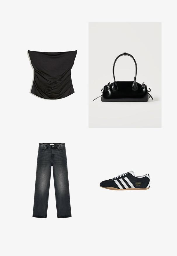 Schwarzes trägerloses, gerafftes Satin-Corsett-Top mit geradem Ausschnitt und figurbetonter Silhouette vor weißem Hintergrund.; Schwarze Jeans aus Denim mit lockerer Passform, geraden Beinen und leichter Ausbleichung. Verfügt über einen Knopfverschluss und ein fünf Taschen-Design für Funktionalität.; Schwarze Wildledersneaker mit drei weißen Streifen, goldenem Logo und brauner Gummisohle. Merkmale ein niedrigprofiliertes Schnürdesign.; Kleine schwarze glänzende Handtasche mit zwei langen Griffen und seitlichen Kordelzug-Details vor einfachem hellem Hintergrund.