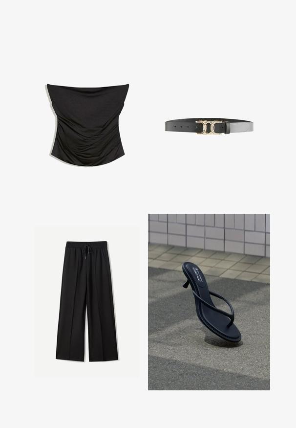 Sort stropløs rynket satin korset top med en lige udskæring og tætsiddende silhuet på hvid baggrund.; Sorte bukser med bred benvidde lavet af blødt stof. Har en elastisk talje med snøre og to sidelommer. Flad front med plisseringer.; Sort sandal med hæl og remme svæver over en tekstureret grå belægning med en væg med fliser i baggrunden.; Sort læderbælte med en guldmetals spænde med et unikt sammenfiltret design og fem justerbare huller for pasform. Glat tekstur hele vejen igennem.