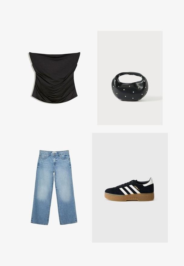 Corset noir en satin froncé sans bretelles avec un décolleté droit et une silhouette ajustée sur fond blanc.; Jean denim bleu clair à jambes larges avec cinq poches et fermeture à boutons, présenté à plat sur fond blanc.; Baskets en daim noir avec trois bandes blanches et logo doré. Semelle en gomme avec adhérence texturée. Design classique à tige basse, bout arrondi.; Sac à main en cuir noir de forme arrondie, décoré de clous argentés et équipé d'une poignée courte. Texture lisse et fermeture éclair.