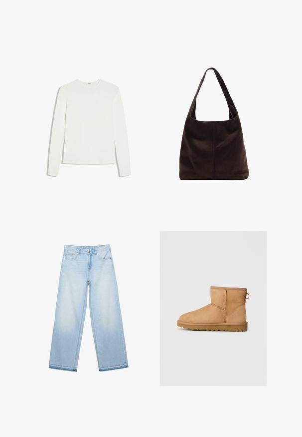 Effen wit shirt met lange mouwen en ronde hals, slim fit, plat gelegd op een witte achtergrond.; Lichtblauwe wijde denim jeans met voorste knoop, rits en vijfzakkenstijl, plat gelegd op een witte achtergrond.; Tan suède enkellaars met ronde neus, gestikte details, trekhaak aan de achterkant en een gestructureerde rubberen zool. Ontworpen voor comfort en warmte.; Bruine suède schoudertas met een brede, platte handle. Zacht, ongestructureerd ontwerp met een centrale naad. Geen zichtbare hardware of versieringen.