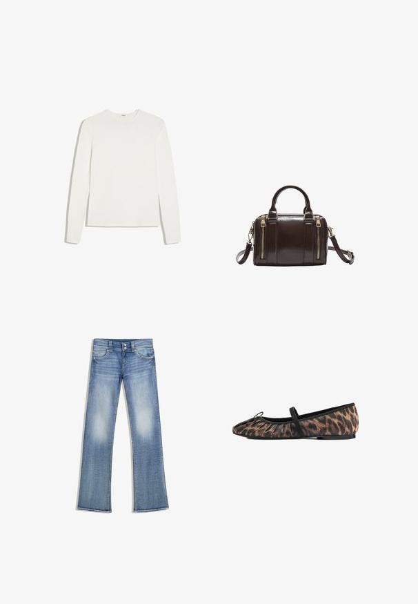 Einfaches weißes Langarmshirt mit Rundhalsausschnitt und schmaler Passform, flach auf weißem Hintergrund gelegt.; Hellblaue Bootcut-Jeans mit ausgewaschener Optik, fünf Taschen, Gürtelschlaufen und doppeltem Knopfverschluss, flach auf weißem Hintergrund liegend.; Flacher Mary Jane Schuh mit Leopardenmusterstoff, schwarzem Besatz, elastischem Riemen über dem Spann und einer kleinen Schleife auf der abgerundeten Spitze.; Dunkelbraune Lederhandtasche mit zwei goldenen Reißverschlüssen auf der Vorderseite, zwei Griffen und einem abnehmbaren Schultergurt.