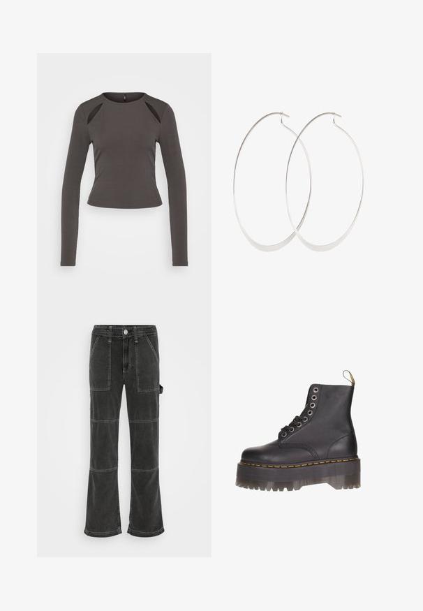 ONLY ONLBIANCA CUT OUT - Top s dlhým rukávom - asphalt; BDG Urban Outfitters UTILITY SKATE - Džínsy voľného strihu - washed black; Čierne kožené členkové topánky so šiestimi očkami na šnurovanie, žltým vyšívaním a priehľadnou platformou so zúbkovaným okrajom.; Strieborné kruhové náušnice s tenkým, hladkým dizajnom; predĺžený oválny tvar; lesklý povrch; majú bezpečné uzatváranie na háčik.