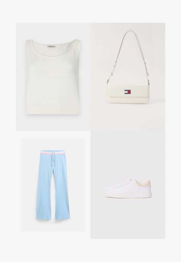 Hvid ærmeløs top lavet af strikstof med en rundet halsudskæring og ribbet kant. Har et præget "GUESS JEANS" logo på forsiden.; Lyseblå, flagrende sweatpants med snor i taljen. Har en pink og hvid stribet accent samt broderet logo. Blød stoftekstur.; Hvide lavtop sneakers med beige krave, hvide snørebånd og guld "Tommy Hilfiger" logo på siden, vist i profil på grå baggrund.; Hvid faux læder skuldertaske med en lang rem, der har en magnetisk flap og et logo patch i blå, rød og hvid på fronten.