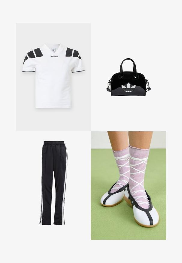Camisa blanca de manga corta con detalles negros en los hombros y el cuello. Presenta un diseño de cuello en V y el logo de Adidas al frente. Material de algodón.; Pantalones deportivos negros con rayas laterales blancas, cintura elástica y parche con logo. Fabricados con una tela suave y ligera. Diseño de pierna recta.; Piernas con calcetines lavanda acanalados con tiras blancas cruzadas combinados con bailarinas blancas con ribete negro sobre un suelo verde.; Bolso de mano de charol negro con forma redondeada, dos asas en la parte superior, acentos plateados y un prominente logotipo blanco en la parte delantera.