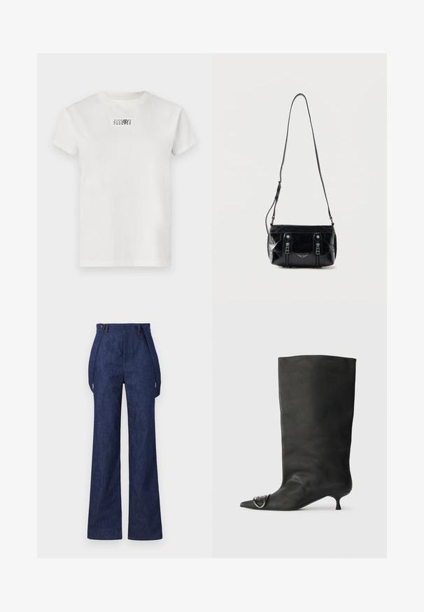 T-shirt en coton blanc avec col rond et manches courtes. Présente un motif graphique rectangulaire noir près de l'encolure affichant des chiffres.; Pantalons en denim bleu foncé à jambes larges avec une taille haute et des coutures visibles. Comprend des poches latérales et une coupe décontractée.; Bottines en cuir noir à bout pointu, petite talon et détail métallique sur le bout. Texture lisse et mate partout.; Sac à bandoulière en cuir noir avec sangle réglable, deux fermetures éclair verticales sur le devant et un petit emblème métallique en forme d'aile sous les fermetures éclair.