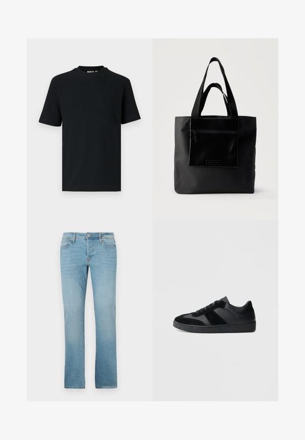 Schwarzes, kurzärmeliges, geripptes Strick-T-Shirt mit Rundhalsausschnitt und einem kleinen, sichtbaren Etikett im Krageninnenteil.; Helle Blaue Jeans aus Denim mit geradem Bein, fünf Taschen, Knopfverschluss und subtiler Verblassung für Textur.; Schwarze Sneaker aus einer Mischung von glattem Leder und Wildleder, mit einer strukturierten schwarzen Gummisohle und dezenten Streifendetails.; Schwarze Tragetasche mit vorderer Reißverschlusstasche und zwei Griffen, vor einfachem hellem Hintergrund.