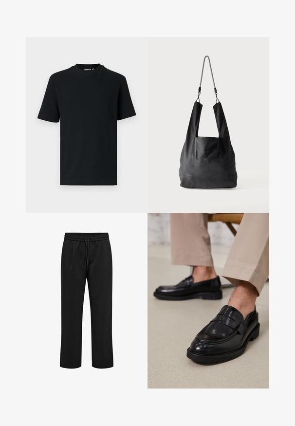 T-shirt noir à manches courtes en maille côtelée avec col rond et une petite étiquette visible à l'intérieur du col.; Pantalon décontracté noir avec taille élastique et cordon, coupe droite et plis à l'avant.; Mocassins en cuir noir avec une finition lisse, ornés d'une sangle décorative et de coutures contrastées, associés à un pantalon beige.; Sac fourre-tout en tissu noir doux avec de larges anses et une fine bandoulière tressée noire et blanche.