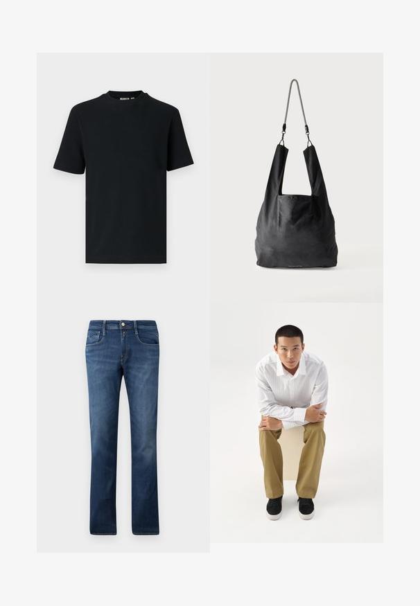 Schwarzes, kurzärmeliges, geripptes Strick-T-Shirt mit Rundhalsausschnitt und einem kleinen, sichtbaren Etikett im Krageninnenteil.; Blaue Denim-Jeans mit geradem Schnitt, ausgestattet mit Fronttaschen, einem Reißverschluss und einem Knopfverschluss. Mittlere Waschung mit subtilen Ausbleichungen.; Junger Mann in weiß gestreiftem Hemd und khakifarbener Hose sitzt nach vorne gelehnt auf einem Hocker mit verschränkten Armen und schaut direkt geradeaus vor weißem Hintergrund.; Schwarze weiche Stofftragetasche mit breiten Griffen und einem dünnen schwarz-weißen geflochtenen Schulterriemen.