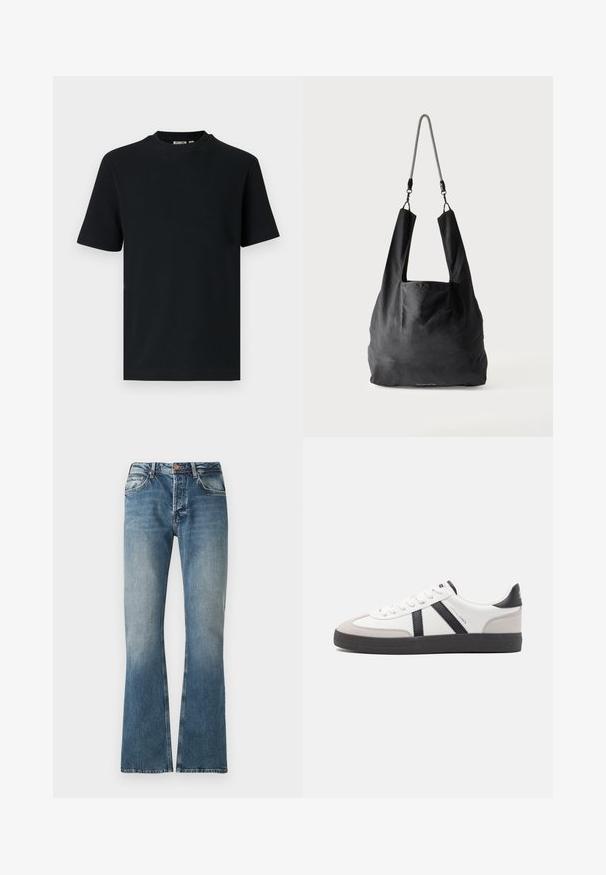 Zwart, geribd, gebreid T-shirt met korte mouwen en ronde hals, met een klein zichtbaar label aan de binnenkant van de kraag.; Blauwe denim jeans met een vervaagd effect, rechte pijpuitvoering, knoop- en ritssluiting, en vijf-pocket ontwerp.; Witte sneaker met zwarte en grijze accenten, voorzien van een grijze neus met textuur, zwarte rubberen zool en platte witte veters. Schoon ontwerp, minimalistische stijl.; Zwart zachte stoffen draagtas met brede handvatten en een dunne zwart-witte gevlochten schouderriem.